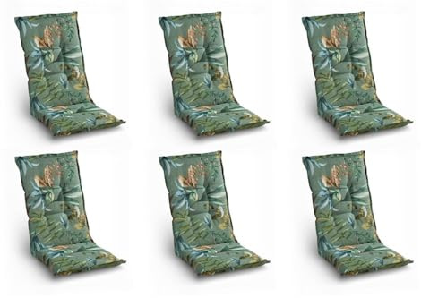 Home4You 6er Set Hochlehner-Stuhlauflagen mit Blütenmuster – Sitzauflage 118 x 48 x 7 cm – Farben Blau Orange Grün – Polyester Baumwolle Gewebe – Stehsaum & Gurtband – Gefertigt in Deutschland