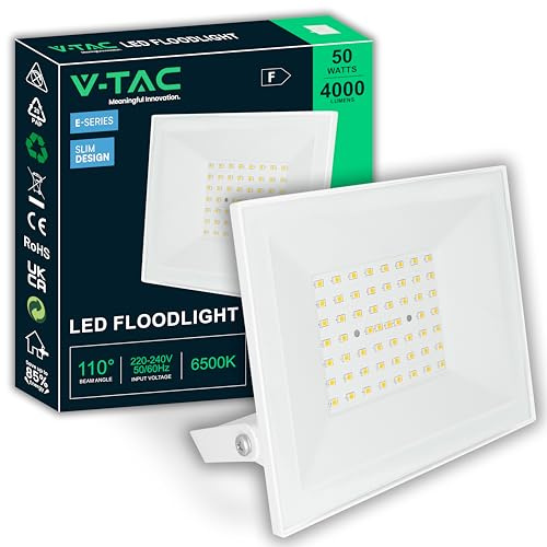 V-TAC Utomhus LED-strålkastare 50 W vit - [E-serien - hög prestanda] - IP65-4 000 lumen - vattentät lampa för hem, trädgård, garage, lager - 4 000K neutralt vitt ljus