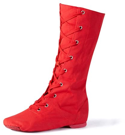 sekiueo Stivali da Jazz da Donna Scarpe da Ballo Alte Suola Divisa in Tela con Lacci A metà Polpaccio Scarpe da Ballo da Sala per Ragazzi E Ragazze,Rosso,41 EU
