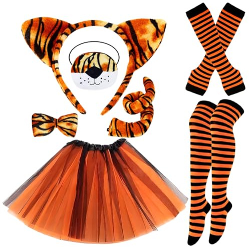 KDFSSIPE Costume Deguisement Femme,Deguisement Animaux Adulte,Oreilles,Queue De Zèbre,Nœud Papillon,Tatouage Visage,Gant Set Pour Carnaval Halloween Cosplay
