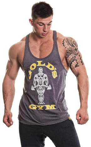 Gold's Gym Palestra UK GGVST003 Mens Allenamento Serbatoio Fitness Top Allenamento Muscolare Premium Gold Joe Stringer Vest, Grey Marl, L