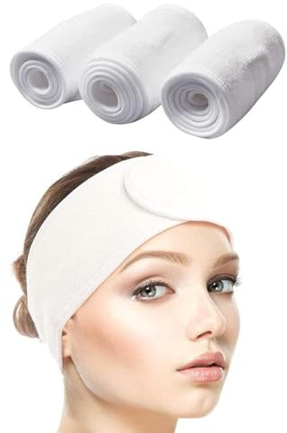 Queta Haarband für Make Up, Kosmetik Stirnband Frottee, verstellbare Haarschutzband mit Klettverschluss 3pcs (Weiß)