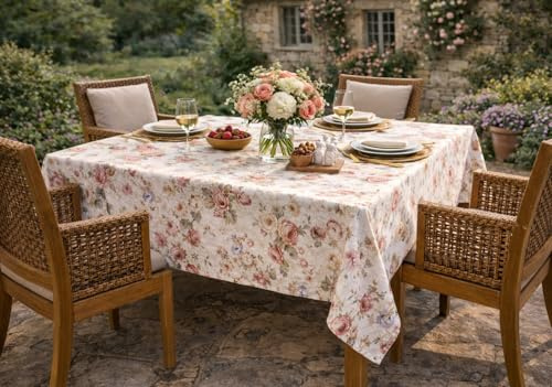 KAMACA Tischdecke Romantic Roses – 130x170 cm rechteckig Shabby Chic Design – Hochwertige Tischwäsche mit 65% Baumwolle – Floraler Blickfang für Esstisch & Küche – Pflegeleicht & Waschbar