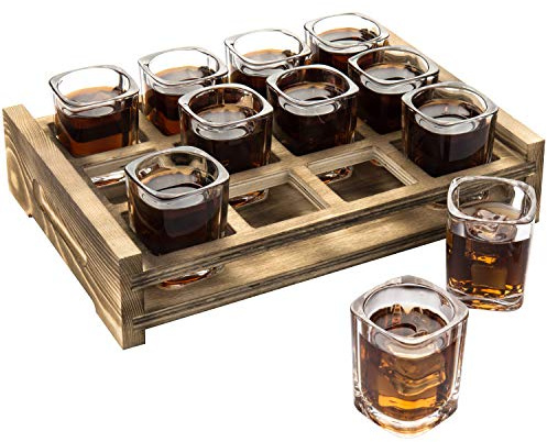 MyGift Shot Glass Serving Set Includes 12 Square Shot Glasses and Burnt Brown Wood Slotted Server Tray