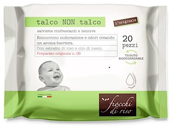 Fiocchi di Riso - Lingettes talc non talc - 20 pièces - transpiration et moustiques - éliminent la transpiration en créant un arôme barrière tout en respectant la transpiration de la peau.