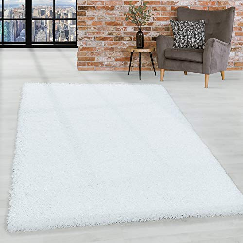 HomebyHome Shaggy Hochflor Teppich, 140x200 cm, Weiß, weich, flauschig, modern, einfarbig, Vielseitig einsetzbar im Wohnbereich, für Wohnzimmer Schlafzimmer Flur
