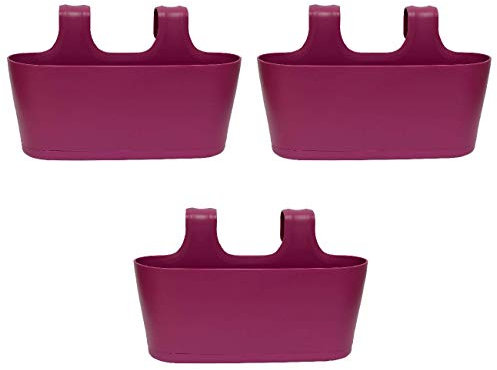 Gariella - 3 x Blumenkasten in Lila, Hängekasten, Geländer-Montage, Balkon, Außenbereich, 5,5 L, oval, Kunststoff, Übertopf, Pflanzkasten, Blumentopf zum Hängen, Wasserspeicher/Untersetzer