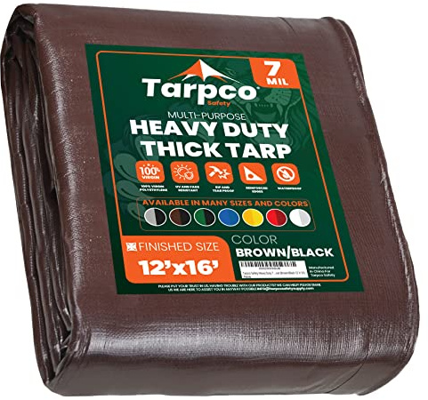 Tarpco Safety - Tarpaulin Waterproof Heavy Duty(130 g/m²|12′ X 16′ | 3.65m X 4.85m|Brown/Black-7 Mil) UV Resistant, Tear Proof, Protective Poly Tarpaulin with Reinforced Edges for Multi-purpose usage