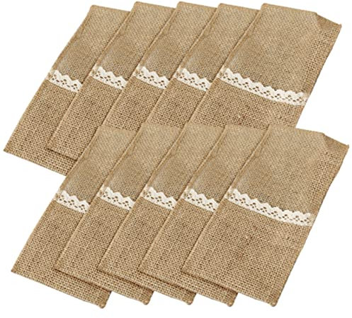 SWECOMZE 20 Stück Bestecktaschen Spitze Besteck Jute Vintage Besteckbeutel Besteckhalter für Hochzeit Geburtstag Party Messer Gabeln (Beige3)