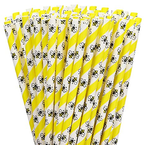 Whaline 200Pcs Bumble Bee Paper Straws - Summer Honey Bee Yellow White Disposable Drinking Straws for Juices, Shakes, Cocktails - Baby Shower, Wedding Decor, Event Supplies