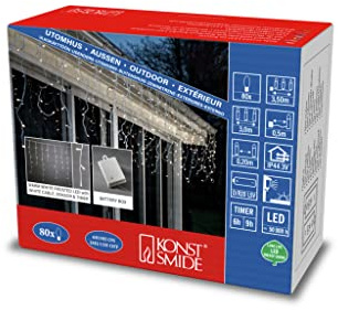 Konstsmide LED Eisregen Lichtervorhang, mit Lichtsensor und 6h und 9h Timer, gefrostet, 80 warm weiße Dioden, batteriebetrieben, Außen (IP44), weißes Kabel - 3739-132
