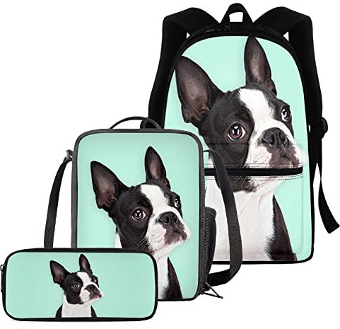 chaqlin 3-in-1-Tier-Rucksack-Set für die Schule, Boston Terrier bedrucktes Schul-Büchertaschen-Set Jungen Mädchen süßer Rucksack, isolierte Brotdose, Federmäppchen, komplettes Set