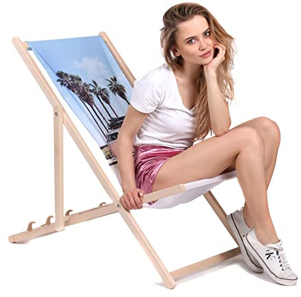 DreamRoots Liegestuhl klappbar Buchenholz, Surfer Cars | Klappliegestuhl Holz, Buchenholz, bis 130 kg, 3-fach verstellbar, waschbarer Polyesterbezug, für Garten & Terrasse