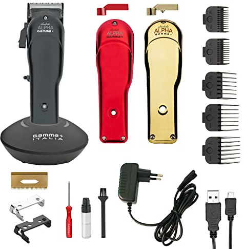 GAMMAPIU' Absolute Alpha Clipper, Professionnel Tondeuse à Cheveux Homme, Moteur rotatif, 4 Heures d'autonomie Sans Fil, Lame Réglable, Silencieuse, 3 Coques, 5 Peignes, Kit de Nettoyage