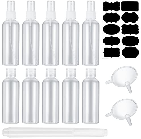 10 Pcs 100 ml Clear Travel Containers Bottles Set(5 x Flip Cap Bottle, 5 x Mist Spray Bottle), Transparent Travel Toiletries Bottles for Makeup, Travels, Toiletries, with 2 Funnels, 1 Label, 1 Pen