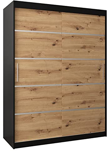 MEBLE KRYSPOL Schwebetürenschrank Verona 1 150 cm Kleiderschrank mit Kleiderstange und Einlegeboden Schlafzimmer- Wohnzimmerschrank Schiebetüren Modern Design (Schubladen: 0, Schwarz + Artisan Eiche)