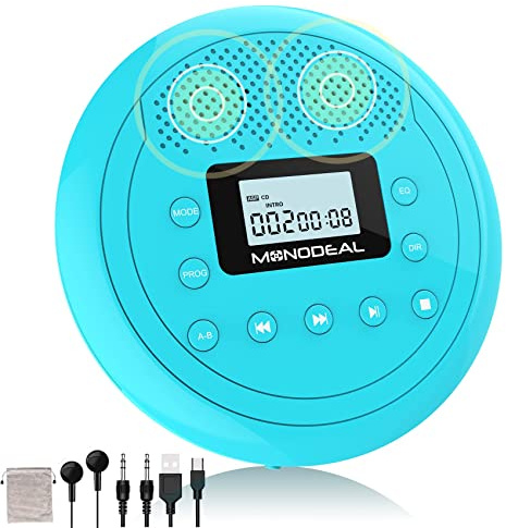 CD Player Portable | Speaker Built-in Rechargeable CD Player for Car and Home, Anti-Skip Player with Headphones(Cyan-Blue)