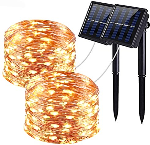 QSPORTPEAK Solar Lichterkette Aussen, 2x12M 100 LED Solarlichterkette Außen Wetterfest 8 Modi IP65 Wasserdicht Kupferdraht Lichterkette Außen Solar Outdoor für Balkon Hochzeit Deko Warmweiß