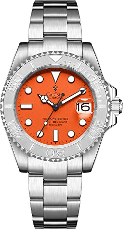 CADISEN Orologio automatico da uomo con riserva di carica vetro zaffiro impermeabile orologio da polso orologi uomo, Colore: arancione., Bracciale