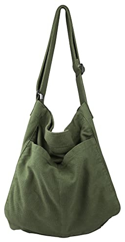 Canvas Hobo Crossbody Shoulder Tote Bag for Women and Men W/Multi-pocket Casual Purse Messenger Bags Travel Work (Green/607)