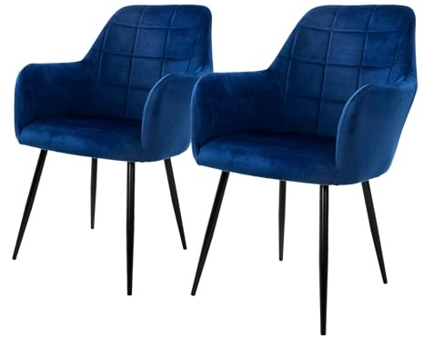 ECD Germany 2X Sillas de Comedor Ergonómicas Asiento Tapizado Azul Oscuro Aspecto Terciopelo Patas de Metal Negro con Respaldo y Reposabrazos Sillón Moderno para Mesa de Salón Oficina Dormitorio