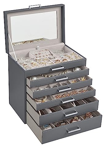 SONGMICS Schmuckschatulle, 6-stöckiger Schmuck-Organizer, großer Schmuckkoffer mit großem Spiegel, 5 Schubladen, großes Fassungsvermögen, Schmuckaufbewahrung, moderner Stil, Geschenk für geliebte