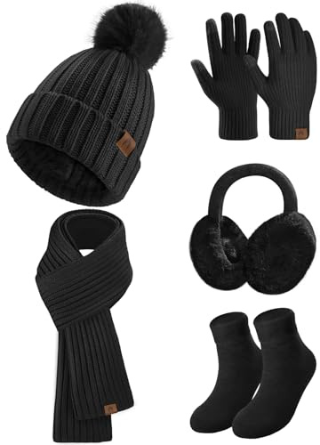heekpek 5 en 1 Tricotés Ensemble Femme Hiver Bonnet Echarpe Gants d'écran Tactile Doublure Doux Tricoté Chaud Cache Oreilles Chaussettes Thermiques pour l'hiver Ski Sports, Noir, Taille unique