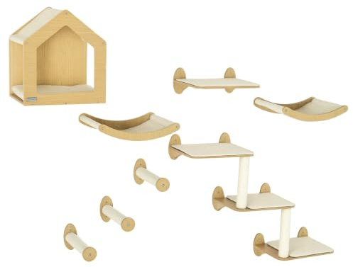 PawHut 8 Piece Cat Shelves Set with Cat House, 3 Perches | Cat Wall Furniture, 3 Scratching Posts, Steps, Wall Mounted Cat Tree