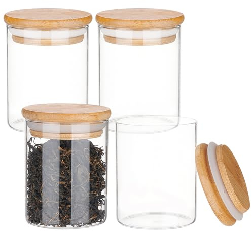 BENECREAT 4-pack genomskinliga glasburkar med trälock 200 ml liten rund lufttät kryddbehållare med silikonringlock för hemkök
