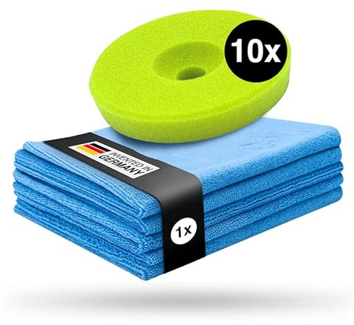 Liquid Elements – Centriforce V2 Polierpads 75mm + 5 Mikrofasertücher – Polierschwamm mit spezieller Fräsung für optimierte Ergebnisse – Auto Polieraufsatz (Grün | Soft Cut | 10 Stück)