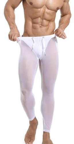 Wayonge Herren-Kompressions-Leggings, elastisches Netzgewebe, transparent, eng, Sieben-Punkt-Hose, Sport-Sweathose, Weiß, XL