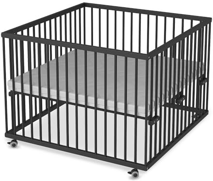 Sämann Laufstall Baby 100x100 cm mit Matratze | TÜV geprüft 2024 | stufenlos höhenverstellbar | Laufgitter Premium | Babybett aus Holz | Krabbelgitter Black Edition