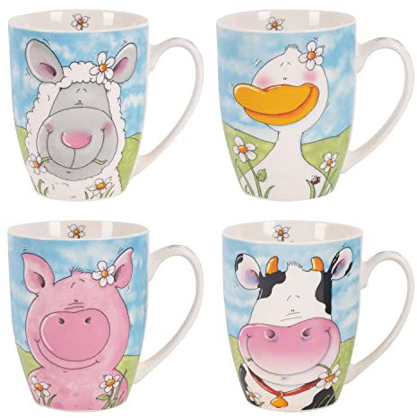 YöL Set Of 4 Mugs Farm Animals Porcelain Mug Coffee Tea Cup Multicolour 11oz Pink Blue Home Kitchen Colourful