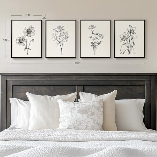 Framed Black and White Floral Wall Art for Bedroom, 4 Piece Vintage Botanical Canvas Paintings Artwork for Modern Farmhouse, Minimalist Flower Pictures for Living Room Kitchen Bathroom Wall Decor