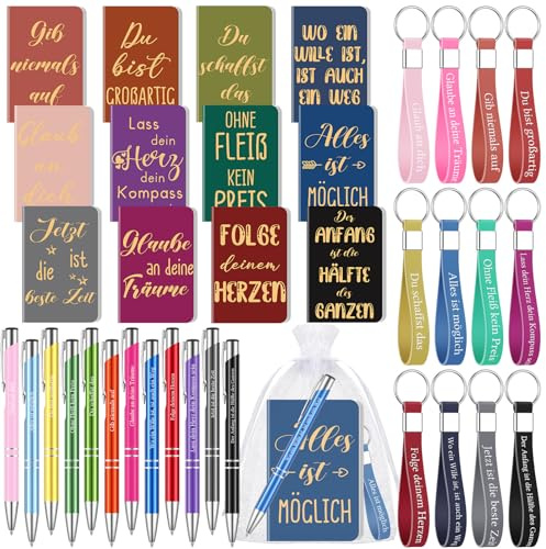Clabby 36 Stück Inspirierendes Geschenkset Deutsch Inspirierende Notizblöcke mit Spruch 12.4 x 8cm Einziehbarer Kugelschreiber Silikon Schlüsselanhänger Farbtagebuch Notizbuch Schule Büro Partyzubehör