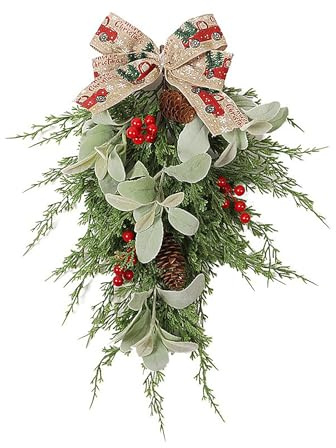 YLSZHY Guirnalda de Lágrima Navideña de Hoja de Ciprés Artificial, Guirnalda Festiva para Colgar Al Revés con Bayas para Fiesta de Navidad, Hogar, Puerta Delantera, Pared, Ventana,