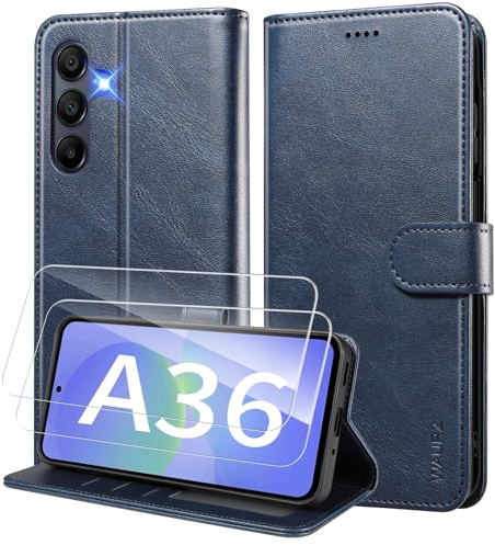 WAURZ Hülle für Samsung Galaxy A36 5G Handyhülle mit 2 Schutzglas Schutzfolie Hülle Schutzhülle Leder Klappbar Flip Case Kartenfach Ständer Handytasche Hüllen Etui Cover Klapphülle,Blau