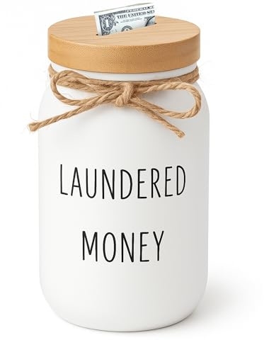 Funny Laundered Money Coin Bank – Glass Jar with Money Slot and Bamboo Lid, Rustic Tip Jar for Laundry Rooms, Loose Change, Home Organization, Decorative Piggy Bank for Farmhouse Home Decor (White)
