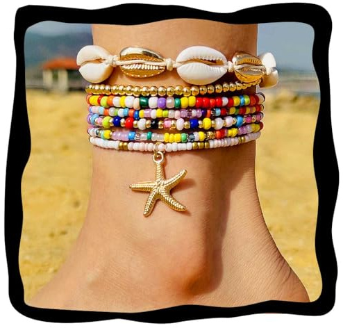 Fashband Boho-Fußkettchen mit Perlen, Seesternfarben, mehrlagig, für Strand, Sommer, Fußzubehör für Damen