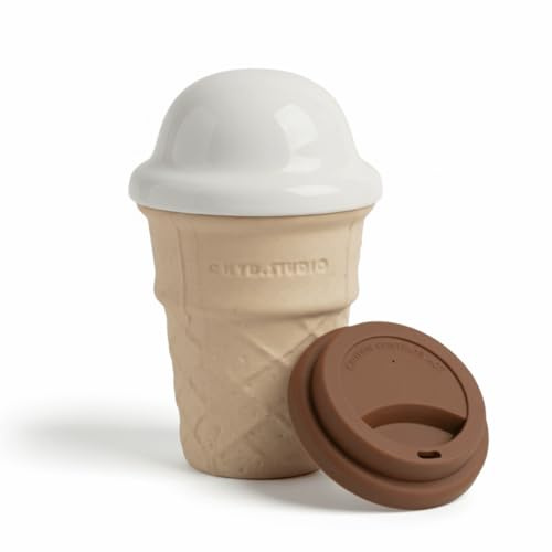 FunFink Ice Cream Cone Ceramic Mug with 2 Lids – 8oz Novelty Coffee Mugs for Kids and Adults – Cute Fun Coffee Mugs – Christmas or Birthday Gift for Ice Cream Lovers
