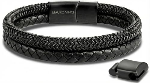 Mauro Vinci Lederarmband Herren schwarz - Doppelkordelarmband mit Magnetverschluss - Verstellbar von 19,5cm bis 21cm Baresi STEEL MB-0022- Armband Leder schwarz - Mit Geschenkverpackung