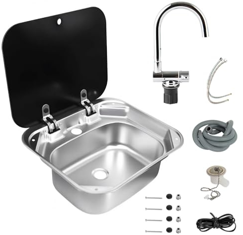 Wohnwagen Waschbecken Set,Camping Auto KüChenspüLe Set, Faltbare Quadratische Handwaschbecken Edelstahl Mit Warm- und Kaltwasserhahn,Deckel FüR Wohnwagen Wohnmobil