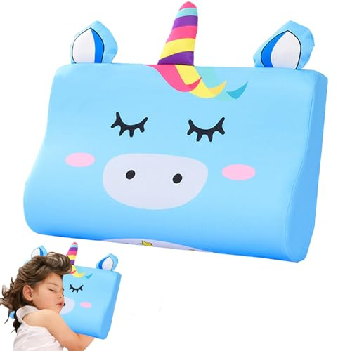LUKIUP Snooze-barnkudde, 45 x 27 cm snooze-barn, söta djur barnkuddar Memory ventilerande komfortkudde skum ergonomisk för barnkudde från 3 år (blå enhörning)