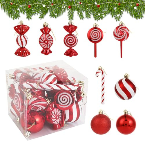 Tokusyou 19 Stück Weihnachtskugeln Christbaumkugeln Set Weihnachten Weihnachtsbaumkugeln Deko Zuckerstangen Weihnachtsbonbons Glitzer Weihnachtsbaumschmuck Kunststoff Rot Weiß
