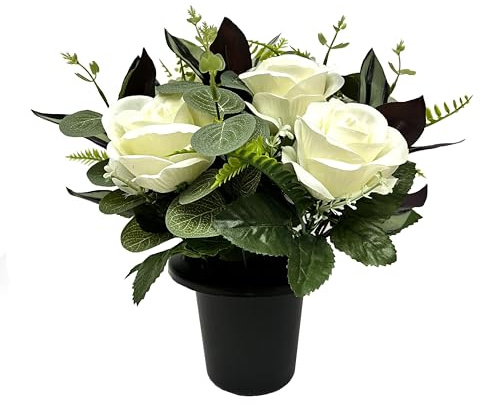 CFY Memorials Premium Artificial Grave Flowers – Cream Open Roses with Eucalyptus (25cm) | Memorial Vase Pot