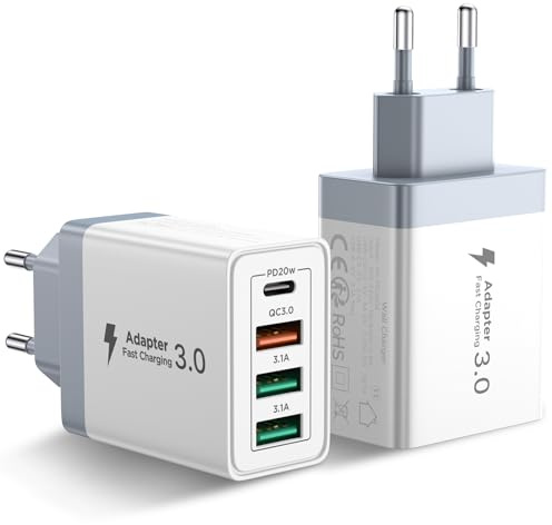 USB Ladegerät, 2er Pack 4 Ports USB Adapter Schnellladegerät mit USBC und USBA, 40W USB C Ladegerät Mehrfach Netzteil Charger PD 3.0 Power USBC Stecker für iPhone 17 16 15 14 13 12, Samsung, Handys
