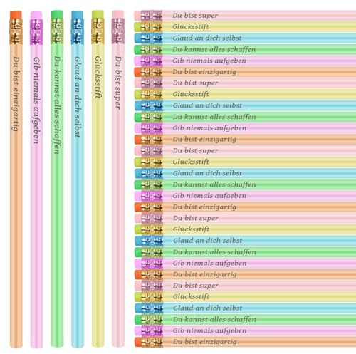 Oureeor 36 Stück Bleistifte mit Spruch, Bleistifte mit Radiergummi, Bleistift Glücksstift, HB Pencils Zeichnung Schreiben Bleistift mit Gummi für Schreibhilfe von Schule Büro