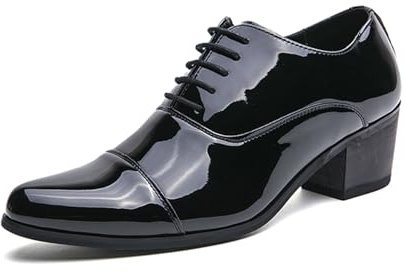 Zapatos de vestir con puntera puntiaguda para hombre, zapatos de negocios con tacón alto, charol y cordones, zapatos Derby Oxford, color negro, Black, 39 2/3 EU