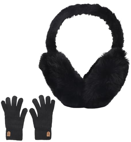 Mikovivi Winter Ear Muffs Gloves for Women, Foldable Fluffy Black Warm Earmuffs and Fleece Gloves Set Faux Fur Ear Warmer Covers for Cold Weather