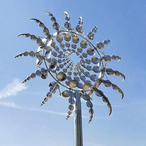 Einzigartige und magische Metall Windmühle, 3D Windbetriebene Kinetische Windrad Garten Metall, Rostfrei Gartenstecker Windspiel, für Terrasse Rasen und Garten Dekoration,Silver